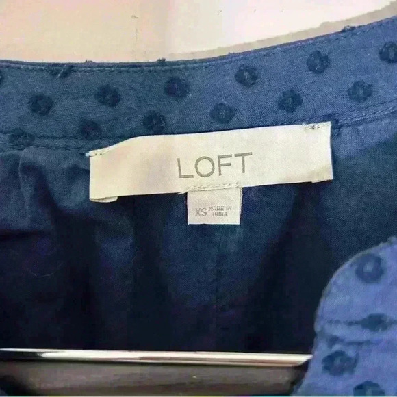 LOFT Navy Blue Dress Textured Dot Ruffle Hem Casual 3/4 Sleeve Size XS - Picture 5 of 9